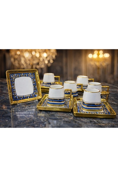 İnterlife Luxury Gold Detailed 6-Person Turkish Coffee Cup Set with Porcelain...