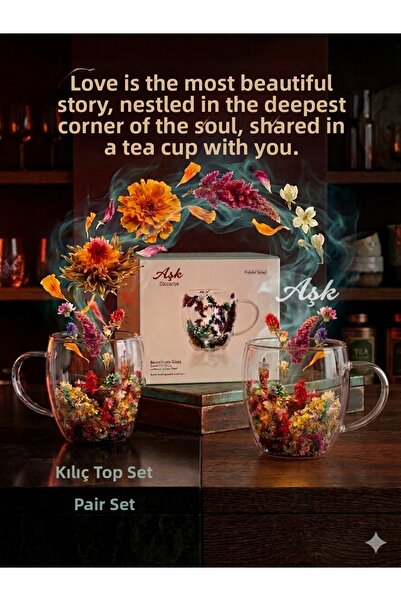 KILIÇ Love Series - Set of 2 Double-Walled Glass Mugs with Dried Flowers + He...
