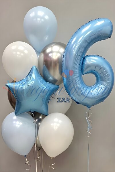 Organizasyon Pazarı Light Blue 6 Year Old Number Balloon Set Blue Star Foil B...