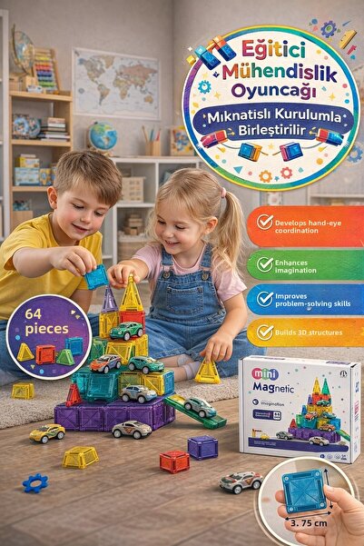 TOYFEST Magnetic Mini 64 Piece Magnetic Block Set with Trolley Educational In...