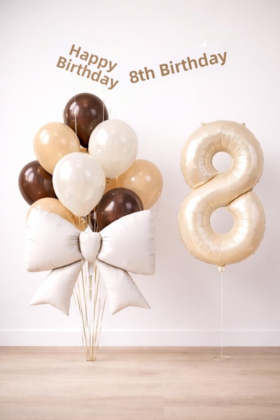 Patladı Gitti Cream Bow 8Th Birthday Balloon Set