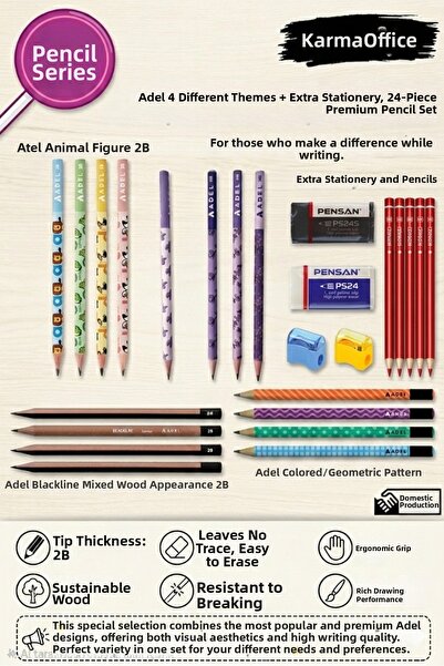Adel 24-Piece Premium Pencil Set + Eraser + Sharpener – 2B Drawing and Writin...