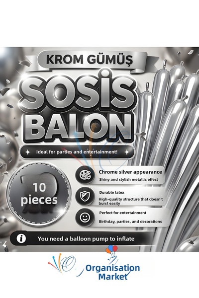 Organizasyon Pazarı 10 Pcs Chrome Silver Sausage Balloon Long Balloon Party D...
