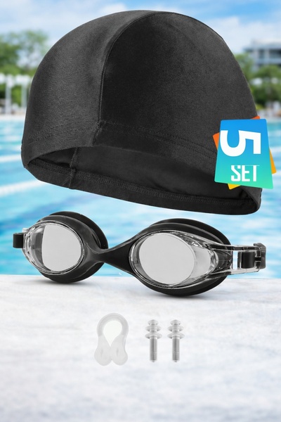 EvRossa طقم سباحة مكون من 5 قطع - نظارات + قبعة سباحة + سدادات للأذن والأنف