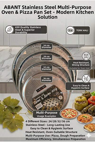 Abant طقم ستانلس ستيل مكون من 4 صينية بيتزا 24-28-32-36 سم