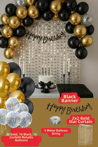 Baloncu Nene مجموعة بالونات عيد ميلاد سعيد باللون الأسود مع خلفية بالونات بال...