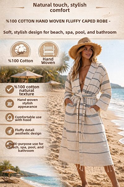 TECHTACT 100% Cotton Handwoven Tassel Hooded Peshtemal Bathrobe, Beach, Spa, ...