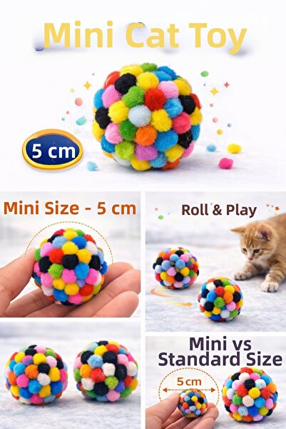 TeknoKapsül Mini Pompon Cat Toy Ball 5 cm (2 Pieces) – Soft Colorful Silent C...