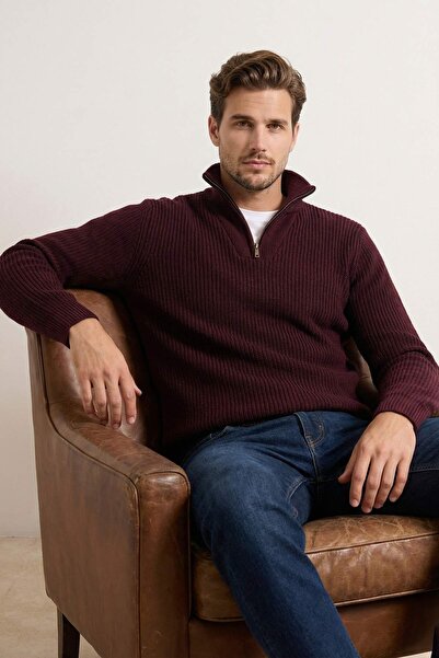 Trendyol Kollektion Weinroter, normaler, einfarbiger Strickpullover mit halbe...