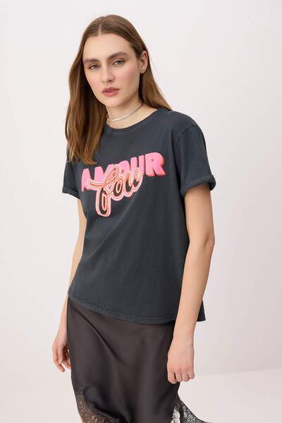 Trendyol Collection Anthracite Slogan Regular/Normal Fit Short Sleeve 100% Co...