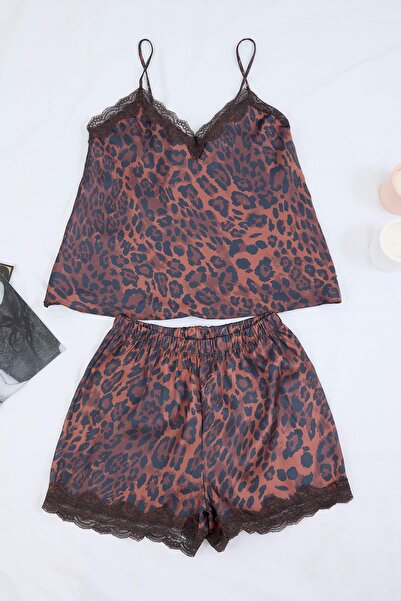Trendyol Kollektion Braun-Mehrfarbiges Pyjama-Set aus gewebtem Satin mit Leop...
