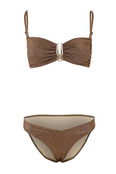 Trendyol Collection Brown Strapless Glitter Regular Core Bikini Set with Acce...