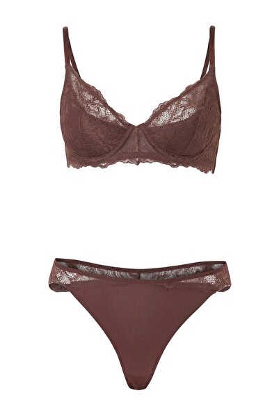 Trendyol Collection Set de lenjerie intimă maro cu dantelă capace și din mate...