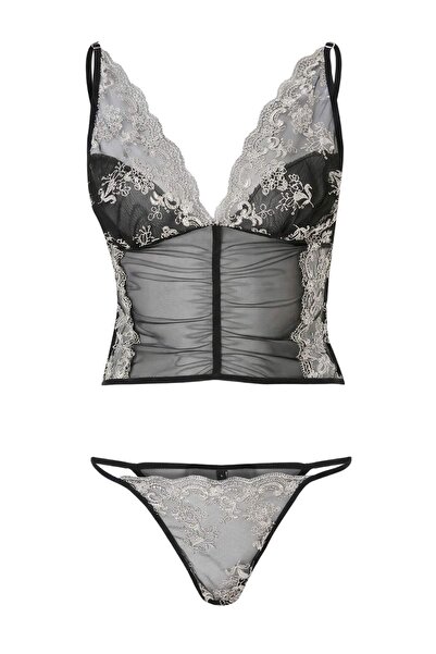 Trendyol Kollektion Schwarzes Tüll-Unterwäscheset ohne Kappen THMSS26CC00036