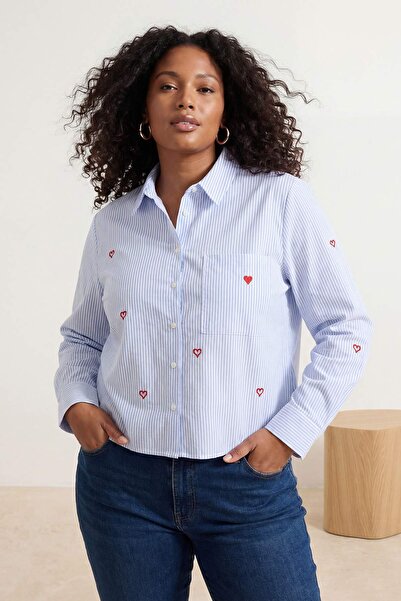 Trendyol Curve Cămașă țesută multicoloră cu dungi și broderie cu inimă roșie,...