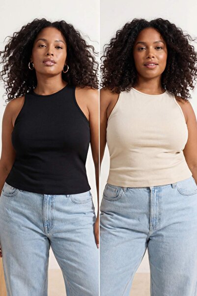 Trendyol Curve Μαύρο-Πέτρινο Βαμβάκι τεμάχια λαιμόκοψη halter Εφαρμοστό/Στενό...