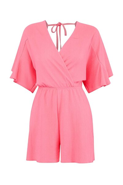 Trendyol Collection Pink Knitted Mini Ruffle Regular Beach Jumpsuit Tbess26Tu...