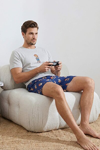 Trendyol Kollektion Grimelanj - Marineblaues gestricktes Pyjama-Set mit Teddy...