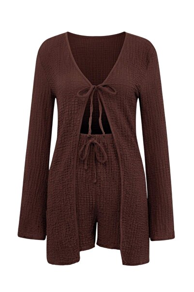 Trendyol Kollektion Braunes, gestricktes, strukturiertes Strandblusen-Shorts-...