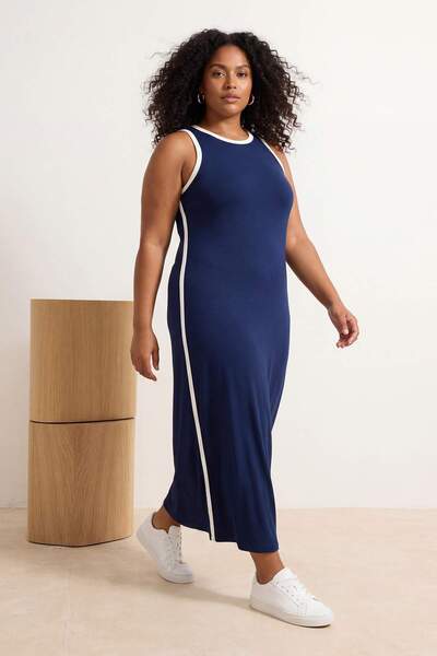 Trendyol Curve Navy Blue Piping Detailed Slit Soft Fabric Maxi Flexible Knitt...