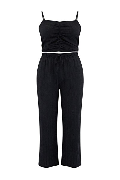 Trendyol Curve Beachwear Black Textured Woven Large Size Blouse&Pants Beach S...