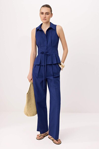 Trendyol Collection Pantaloni vestă cu aspect de in, albastru marin, cu fund ...