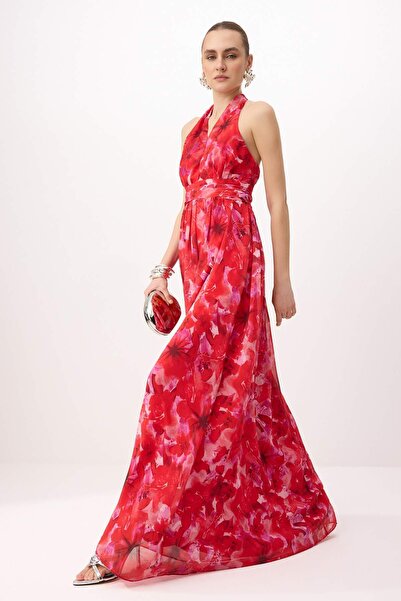 Kolekce Trendyol Dlouhé večerní šaty s květinovým potiskem s hlubokým výstřih...