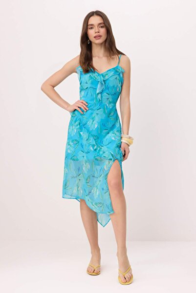 Trendyol Collection Blue-Multicolor Floral Ruffle Chiffon Lined Midi Woven Dr...