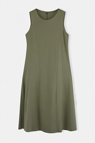 Trendyol Curve Dark Khaki 100% Cotton Open-Waist Crew Neck Midi Knitted Midi ...