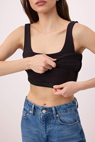 Trendyol Collection Black Plain Fitted Pool Neck Thick Strap Interlock Knitte...