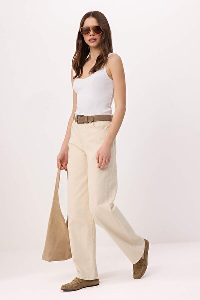 Trendyol Collection Ecru talie înaltă Blugi largi bumbac 100% fără elasticita...