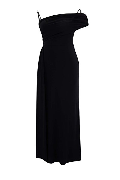 Trendyol Curve Rochie de seară neagră asimetrică detaliu la guler lungă, mări...