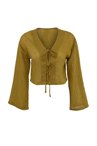 Συλλογή Trendyol Χακί Ριγέ Με δέσιμο Μπλούζα TWOSS26BZ00774