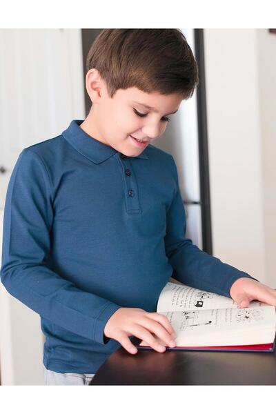 OrganicKid Polo Yaka Basic Lacivert Uzun Kollu Çocuk T-shirt