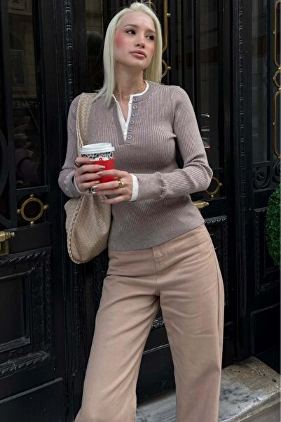 Madmext Body de damă cu guler cu nasturi și mânecă lungă, din nurcă, material...