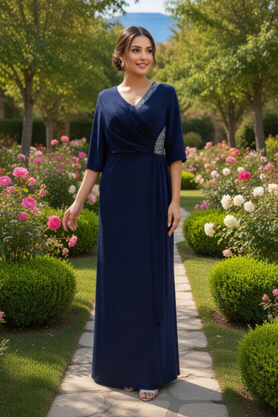 GÖKMEN GİYİM Simli V Yaka Taş Detaylı Abiye Elbise 2539