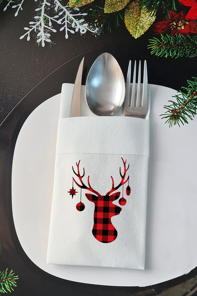 PEKSHOP Fabric Textured Plaid Deer Head New Year Table Napkin - New Year Napkin
