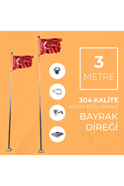 Metal Market 3 Metre Paslanmaz 304 Krom Çelik Bayrak Direği