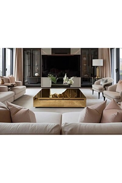 LUXURY VİLLA Luxury Gold Aynalı Tekerlekli Orta Sehpa 90x90 Yükseklik 30cm