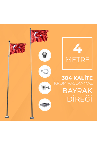 Metal Market 4 Metre Paslanmaz 304 Krom Çelik Bayrak Direği