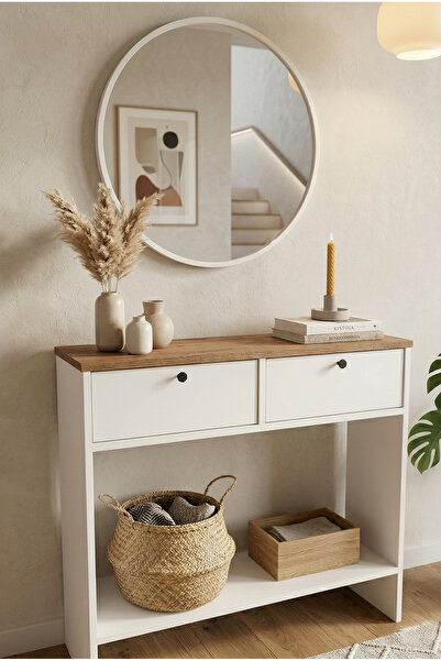 Robin Home Alaska Aynalı Dresuar Kapaklı Antre Hol Ahşap Ayaklı Sepet-Beyaz