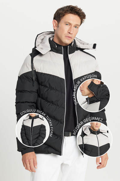 AC&Co / Altınyıldız Classics Men's Black-Beige Cold-Proof Warm Coat Standard ...