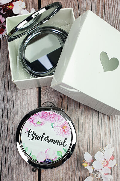 PEKSHOP Hediyelik Kutulu Makyaj Aynası, Gümüş Renk, Bridesmaid Yazılı