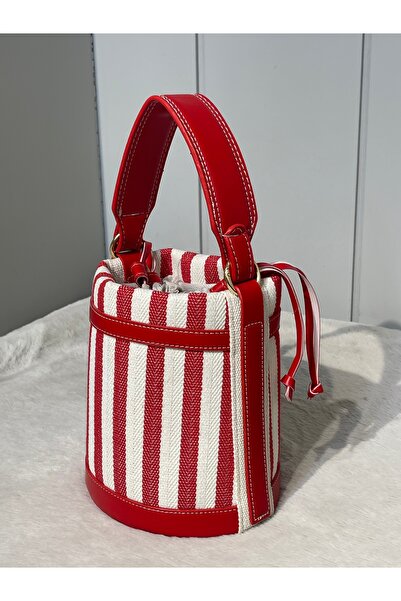Lunova Kırmızı Çizgili Kadın Hasır El Ve Omuz Çantası