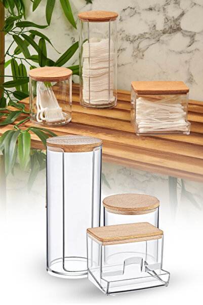 omilife قطن أذن أكريليك - منظم خيط تنظيف الأسنان مع غطاء خشبي، حامل قطن شفاف