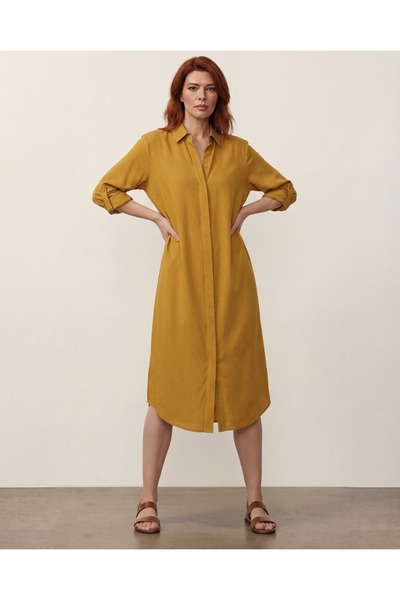 DenizEge Πουκάμισο Βισκόζης Φόρεμα Μουσταρδί