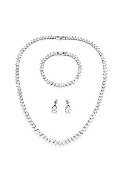 Pursehuit Set colier, cercei și brățară, tenis, culoare argintie, cu pietre d...