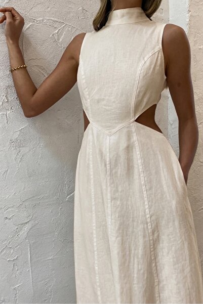 FASHION COCKTAIL Minik Boyun Detay Pencereli Bel Kolsuz Dizaltı Midi Sahil Ya...