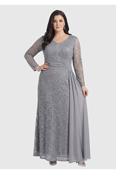 LİLAS XXL Büyük Beden Gri Renkli Simli Dantel Uzun Abiye Elbise