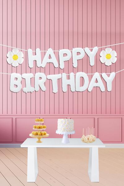 PEKSHOP Papatya Tema Beyaz Happy Birthday Balonu ve 2 Adet Mini Papatya Balon...